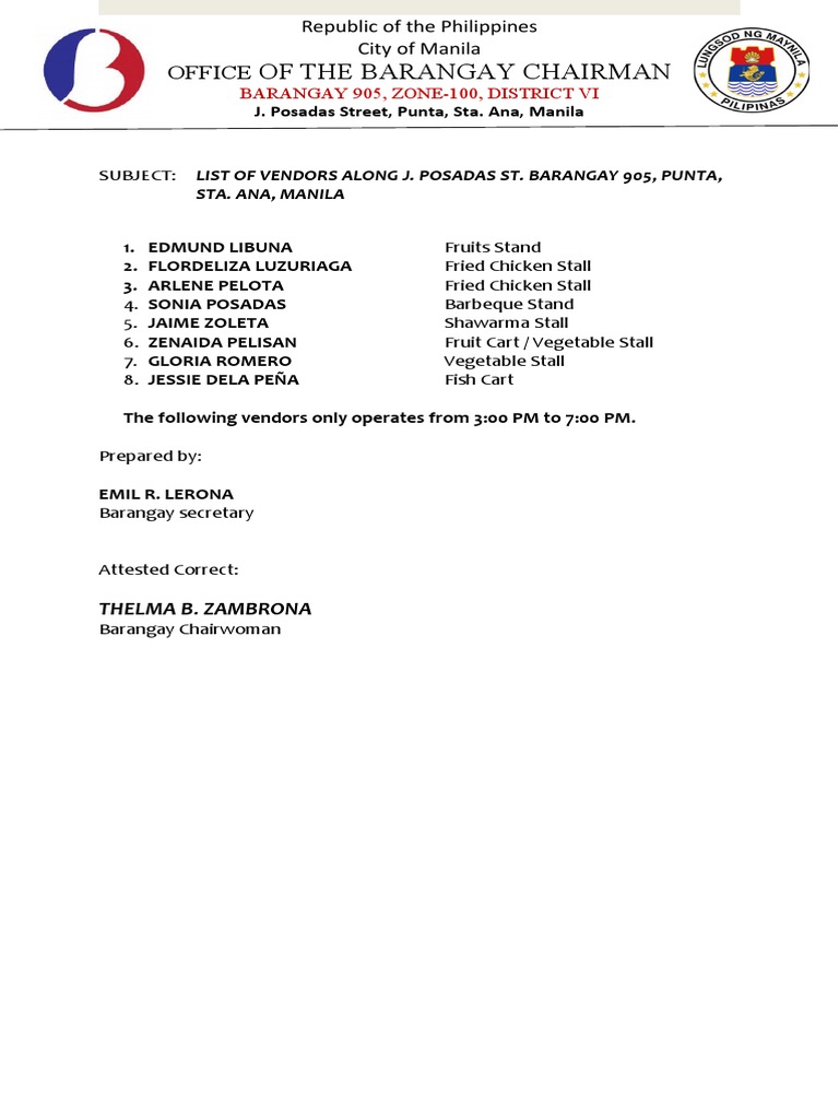 Vendor List for J. Posadas Street | PDF
