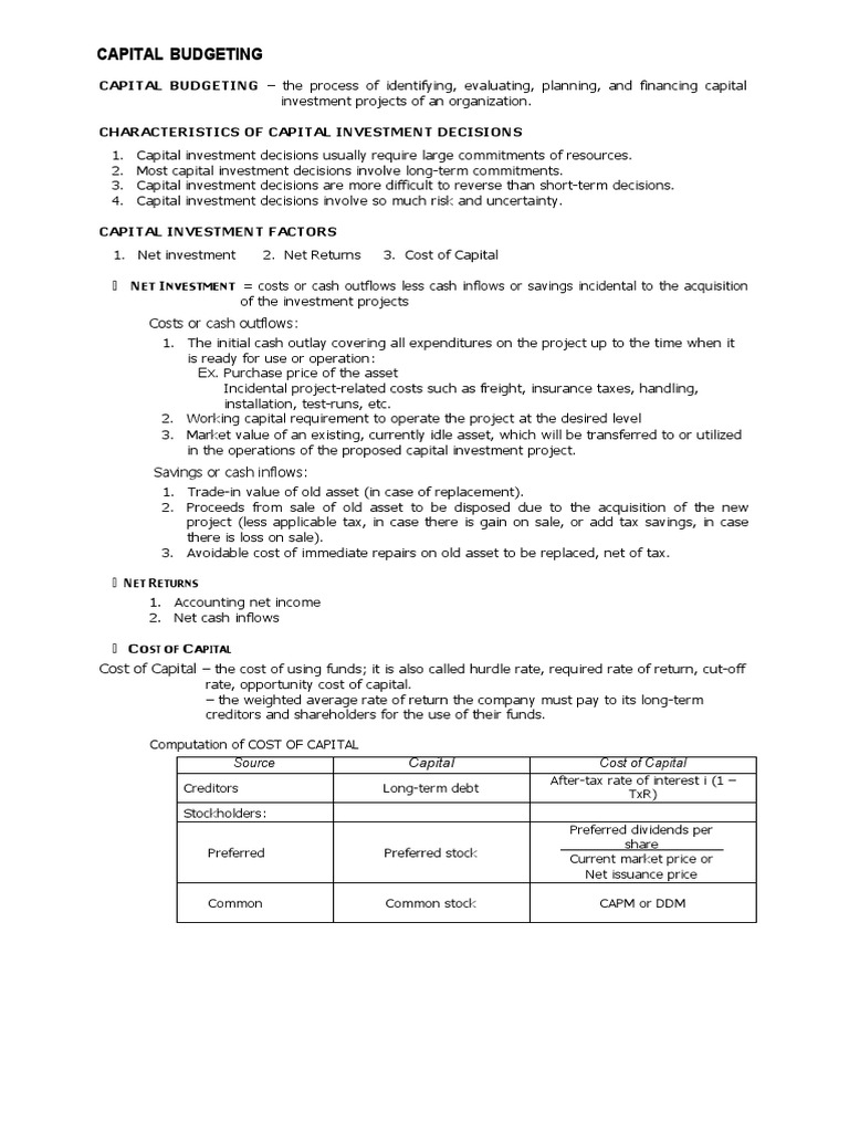 Capital Budgeting And Cost Of Capital Pdf Present Value Net