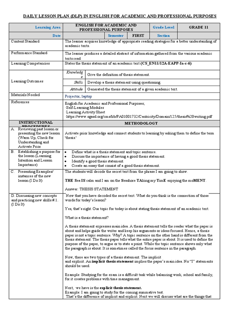 Eapp 1st Qtr Lp4 Stating The Thesis Statement Pdf Thesis Learning