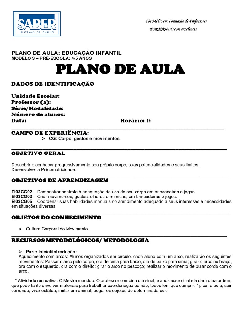 Modelo 3 - Plano de Aula - Pré-Escola PDF | PDF | Pré-escola | Arco e ...