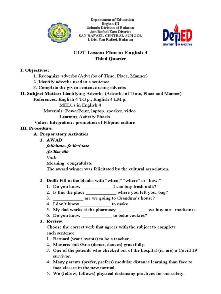 COT Lesson Plan: Adverbs for Grade 4 | PDF | Adverb