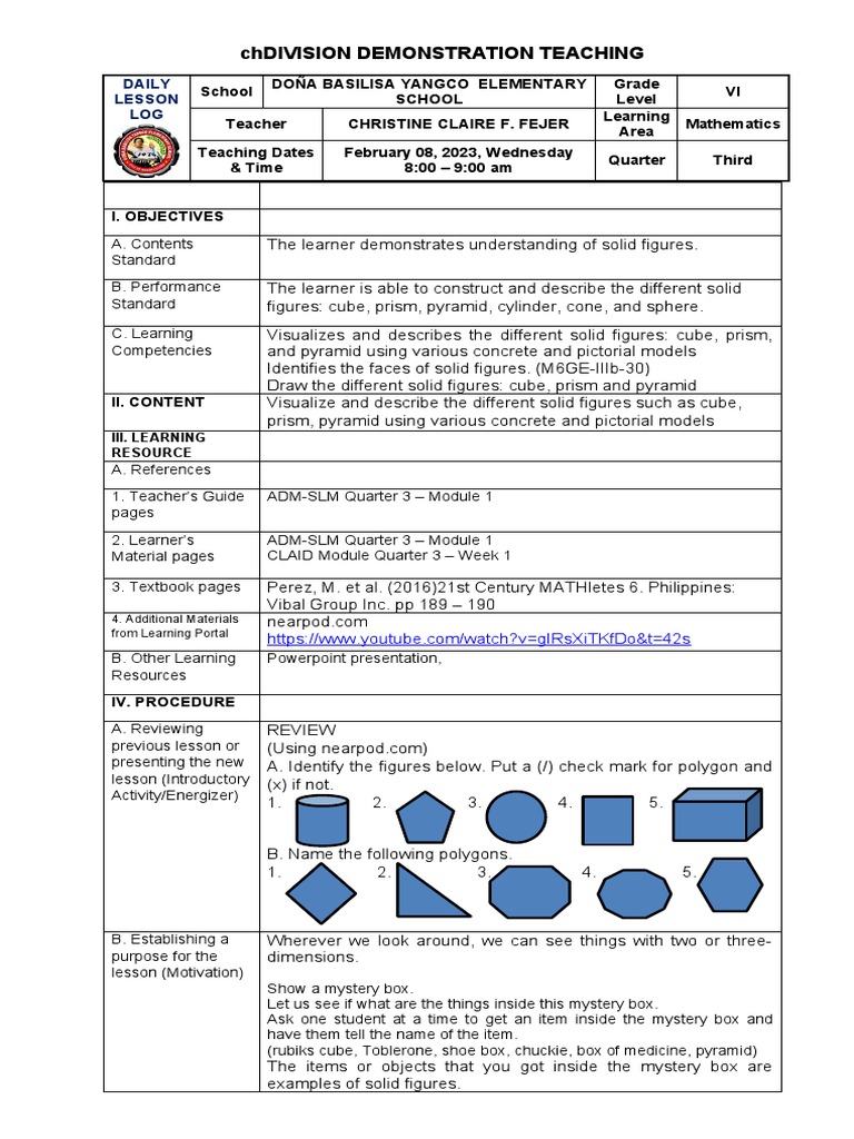 DLL For Demo - Math 6 Quarter 3 | PDF | Tetrahedron | Geometry