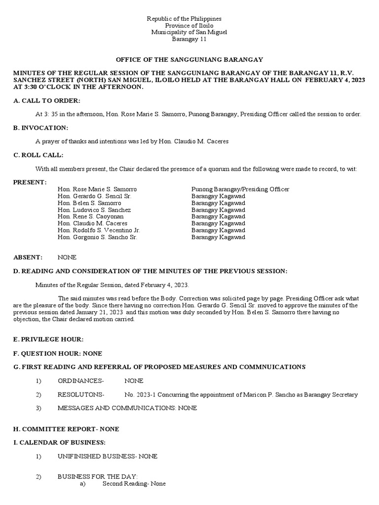 Minutes of the Regular Session of the Sangguniang Barangay of Barangay
