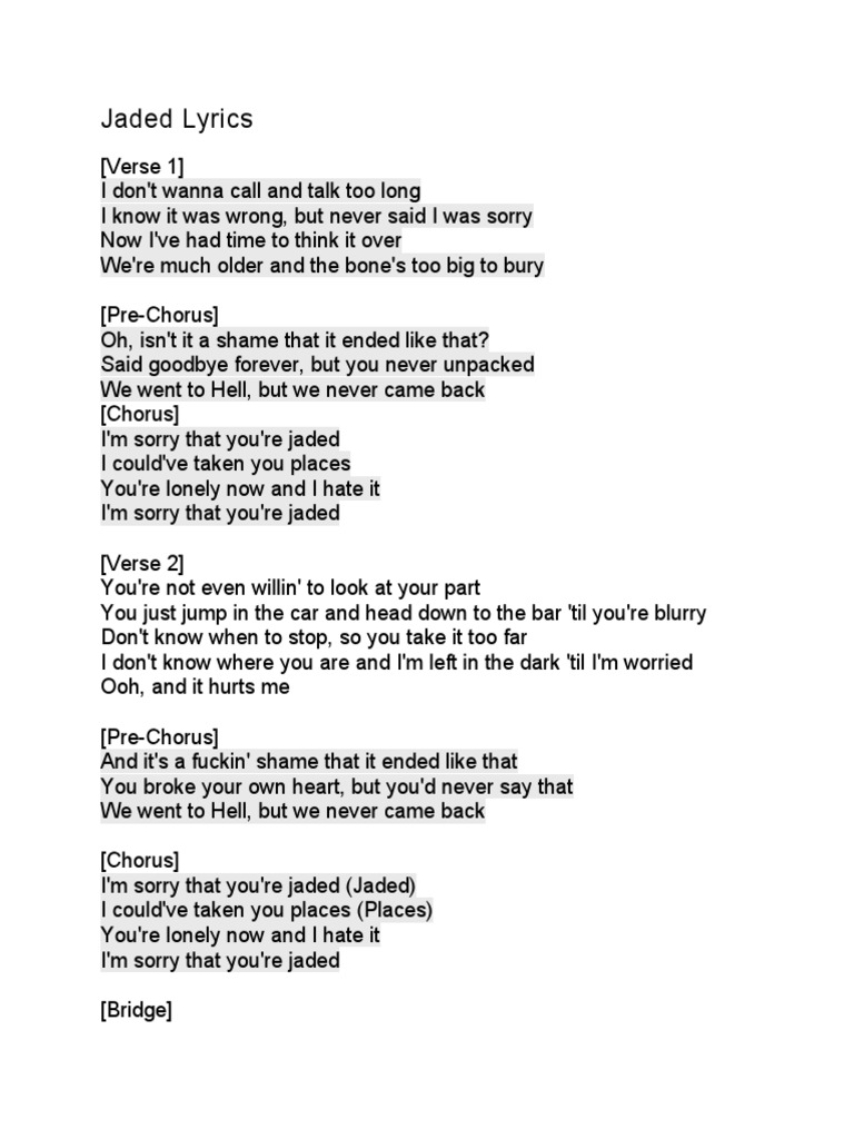 Jaded Lyrics Analysis and Meaning | PDF