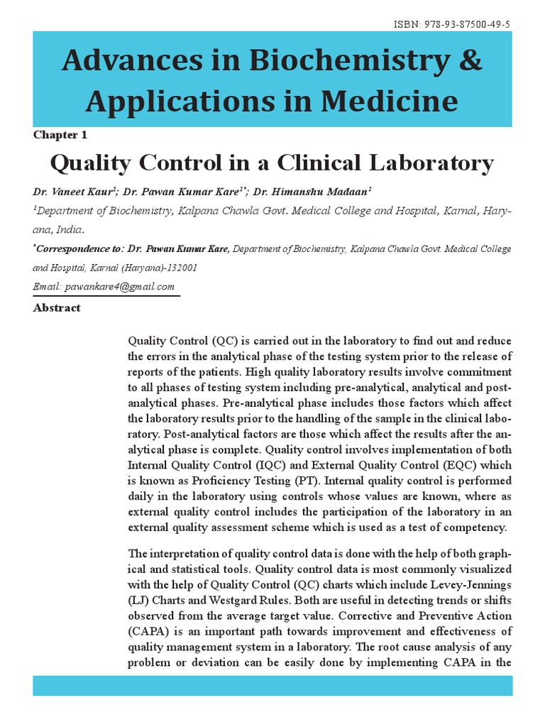 Quality Control in A Clinical Laboratory | PDF | Coefficient Of ...