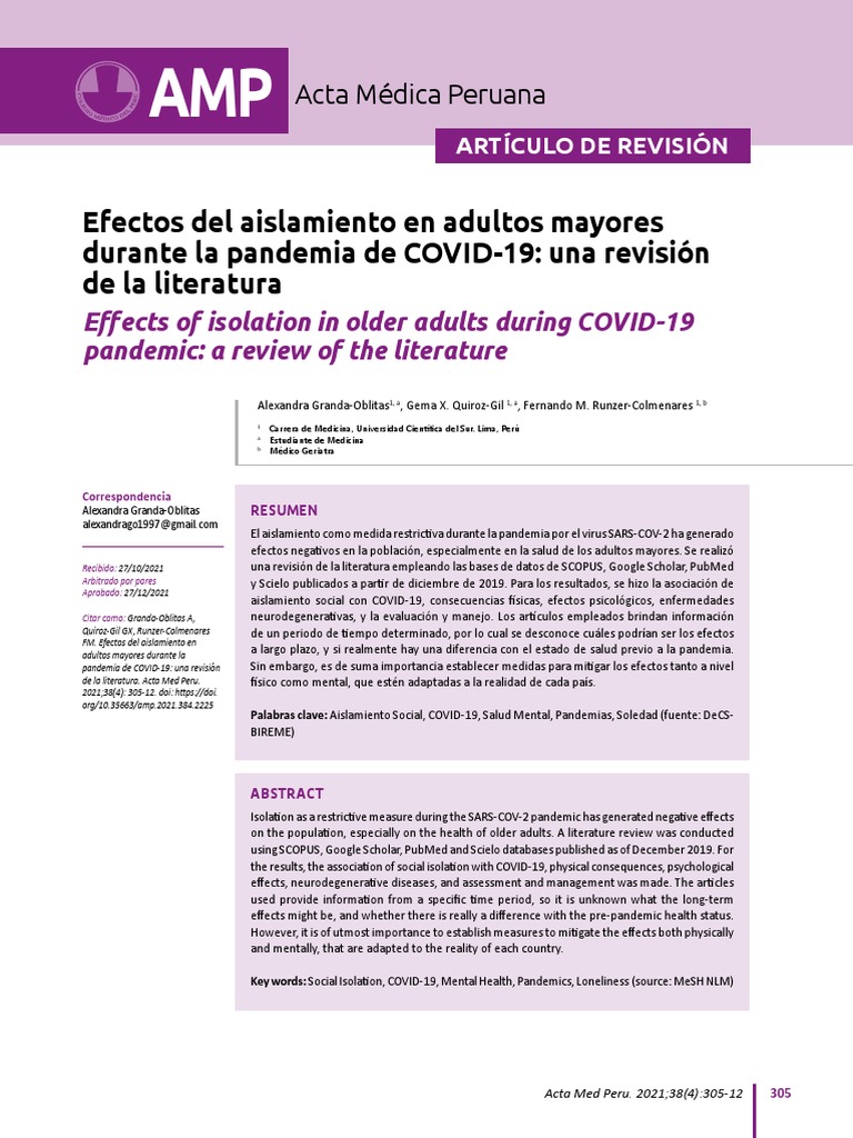 Aislamiento en adultos mayores y COVID-19 | PDF | Depresión (estado de ...