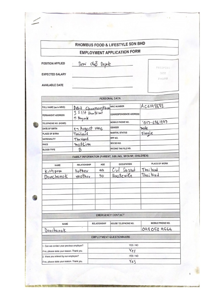 Employment Application Form Pdf Pdf