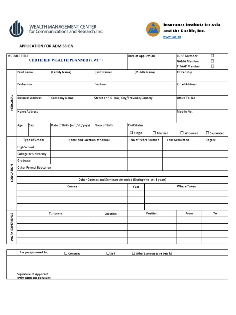 01 Admission Form CWP | PDF