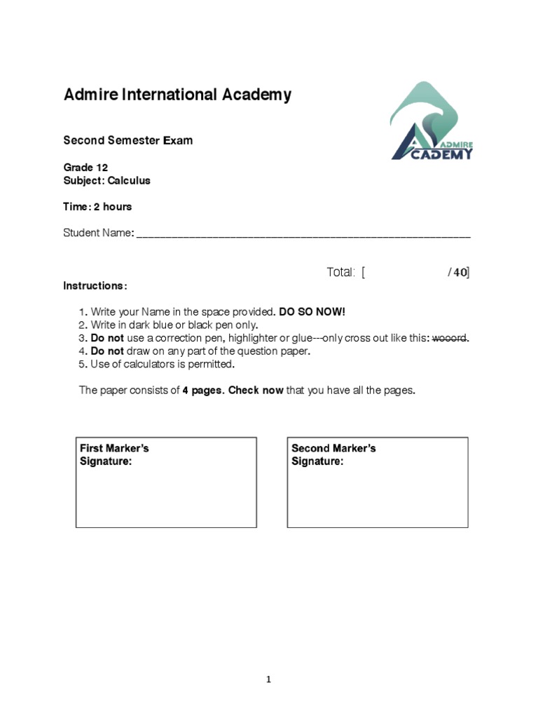 Grade 12 Calculus Exam Questions Pdf Derivative Elementary