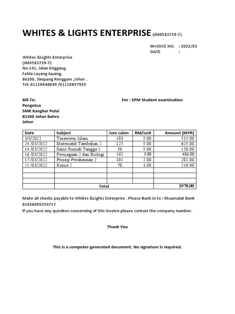 INVOCE SEKOLAH WHITE & LIGHT ENTERPRISE Invoice SPM 2022 | PDF