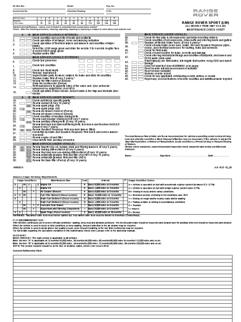 Jlr 18 27 10 2e maintenance check sheet range rover sport lw