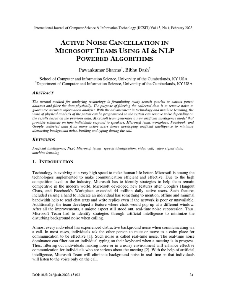 Active Noise Cancellation in Microsoft Teams Using Ai & NLP Powered