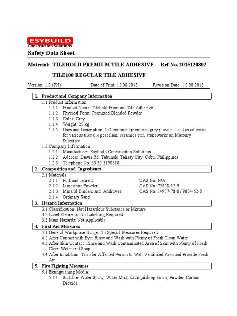 Material Safety Data Sheet Tilehold PDF Water Toxicity