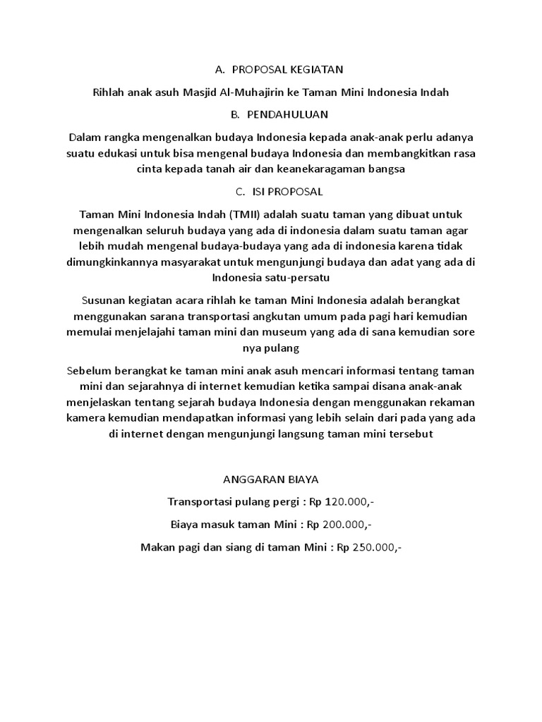 Proposal Kegiatan Acara Rihlah Ke Taman Mini Indonesia Indah | PDF