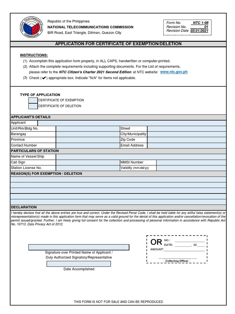 NTC Certificate of Exemption Application | PDF