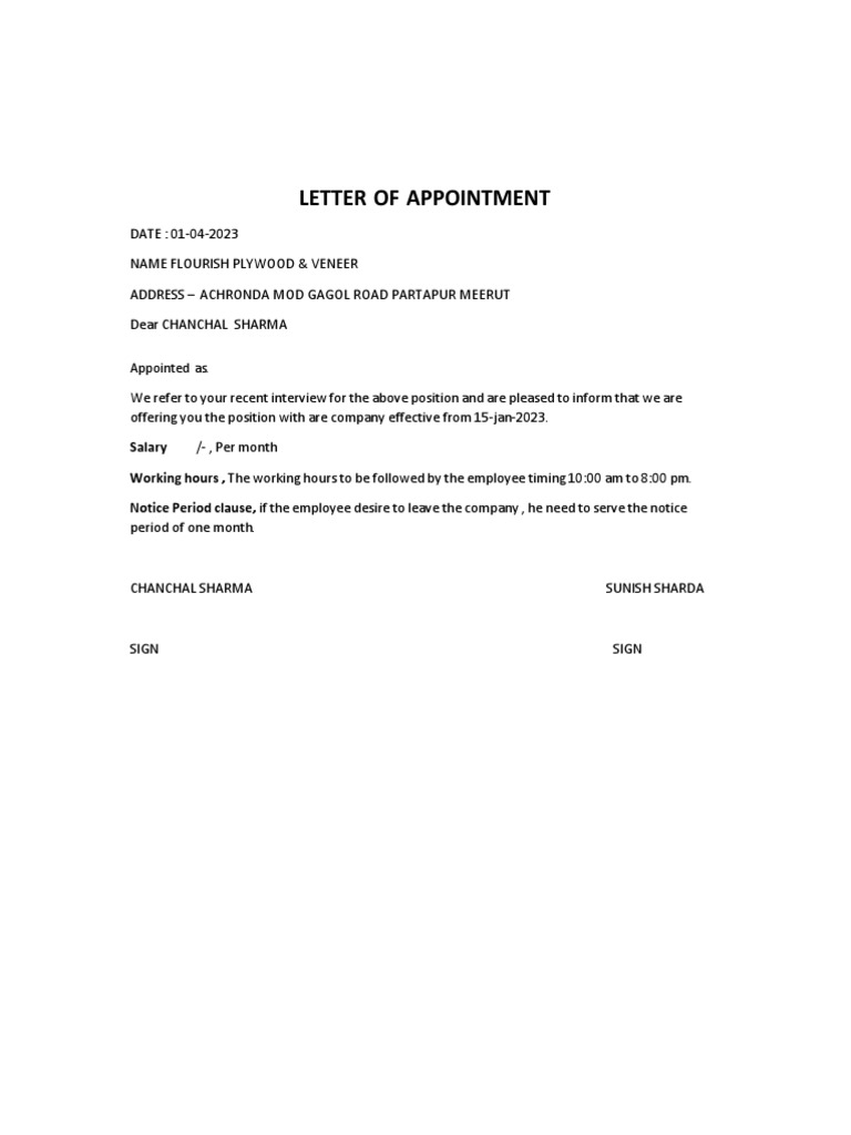 Letter of Appointment for Chanchal Sharma at Flourish Plywood | PDF