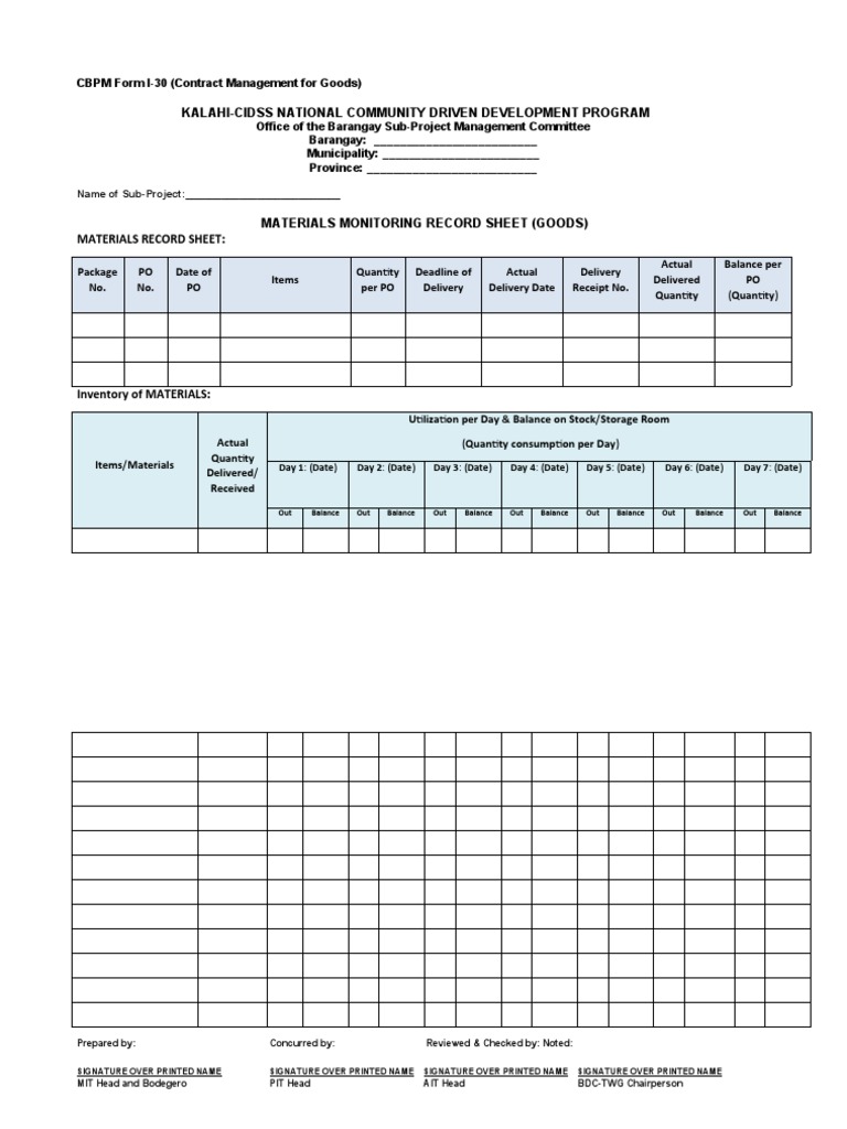 Materials Monitoring Record Sheet | PDF