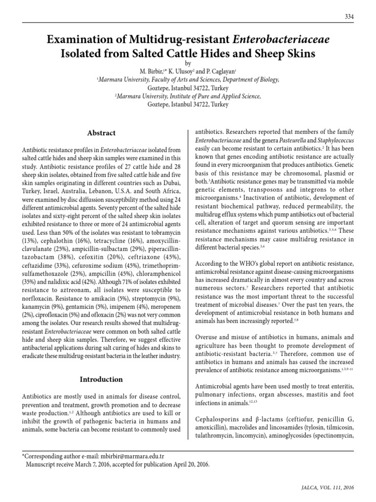 Examination of MultidrugResistant Enterobacteriaceae Isolated From