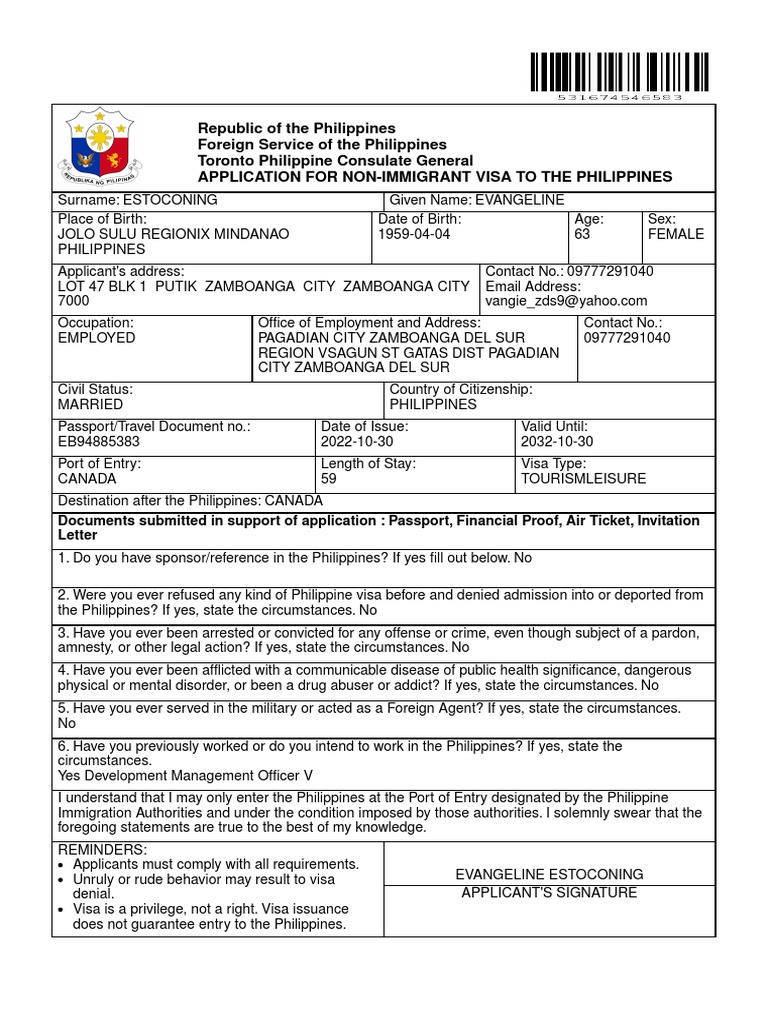 Non-Immigrant Visa Application Philippines | PDF | Travel Visa ...