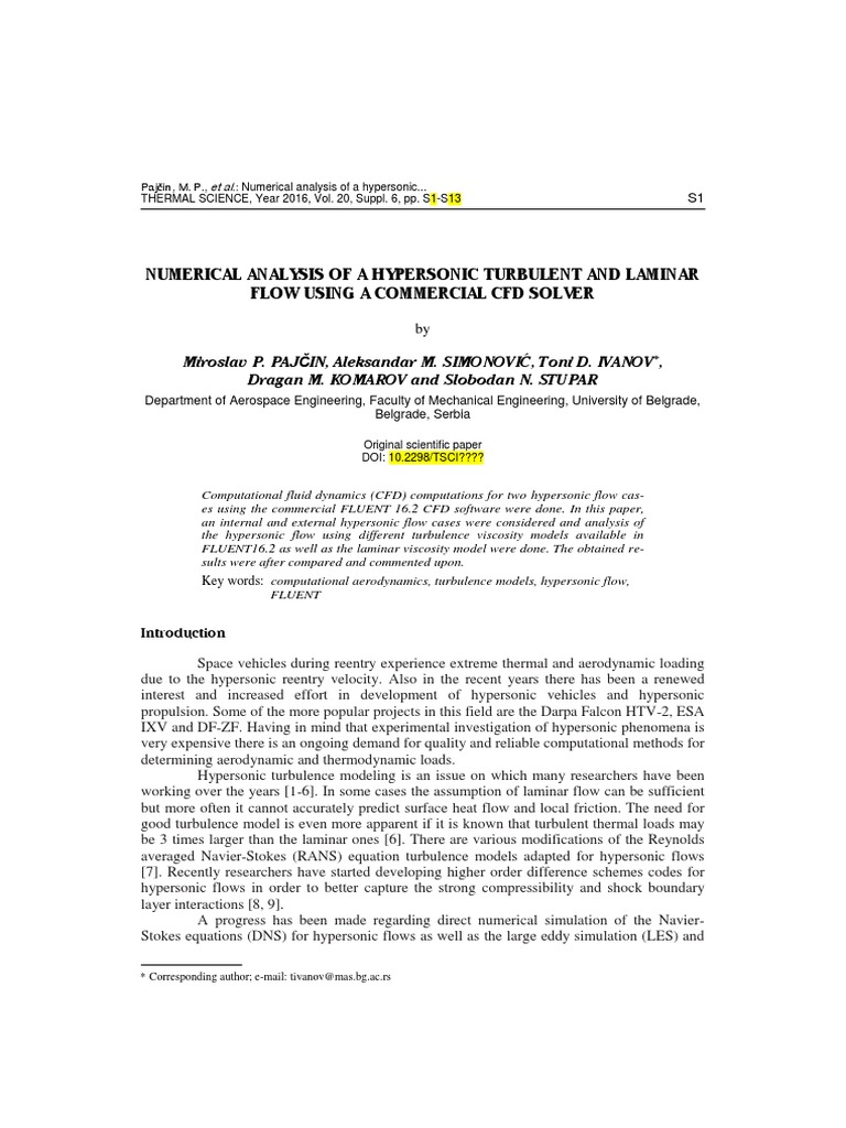 Numerical Analysis of A Hypersonic Turbulent and L | PDF | Fluid ...