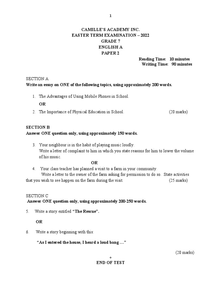 Grade 7 English Paper 2 PDF