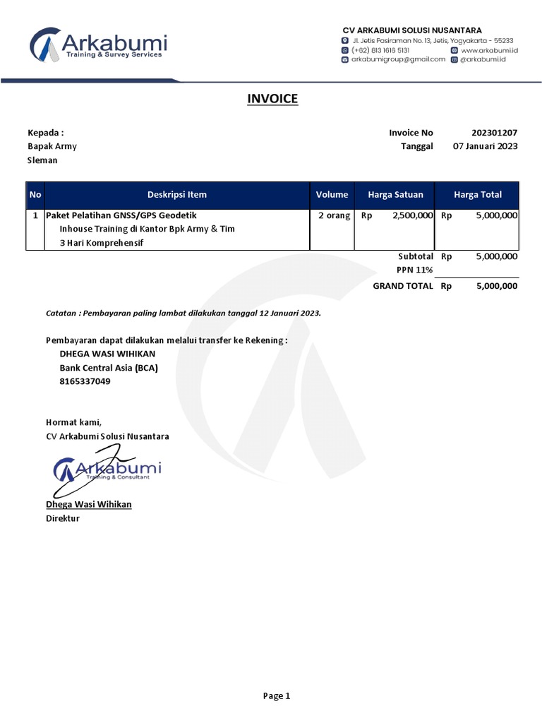 Invoice Pelatihan GNSS Geodetik - BPK ARMY | PDF
