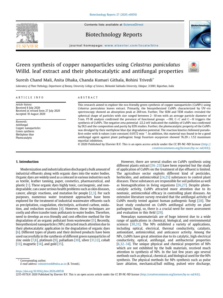 Green Synthesis of Copper Nanoparticles Using Celastrus Panic - 2020 ...