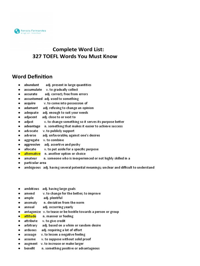 Essential TOEFL Vocabulary List | PDF | Cognition
