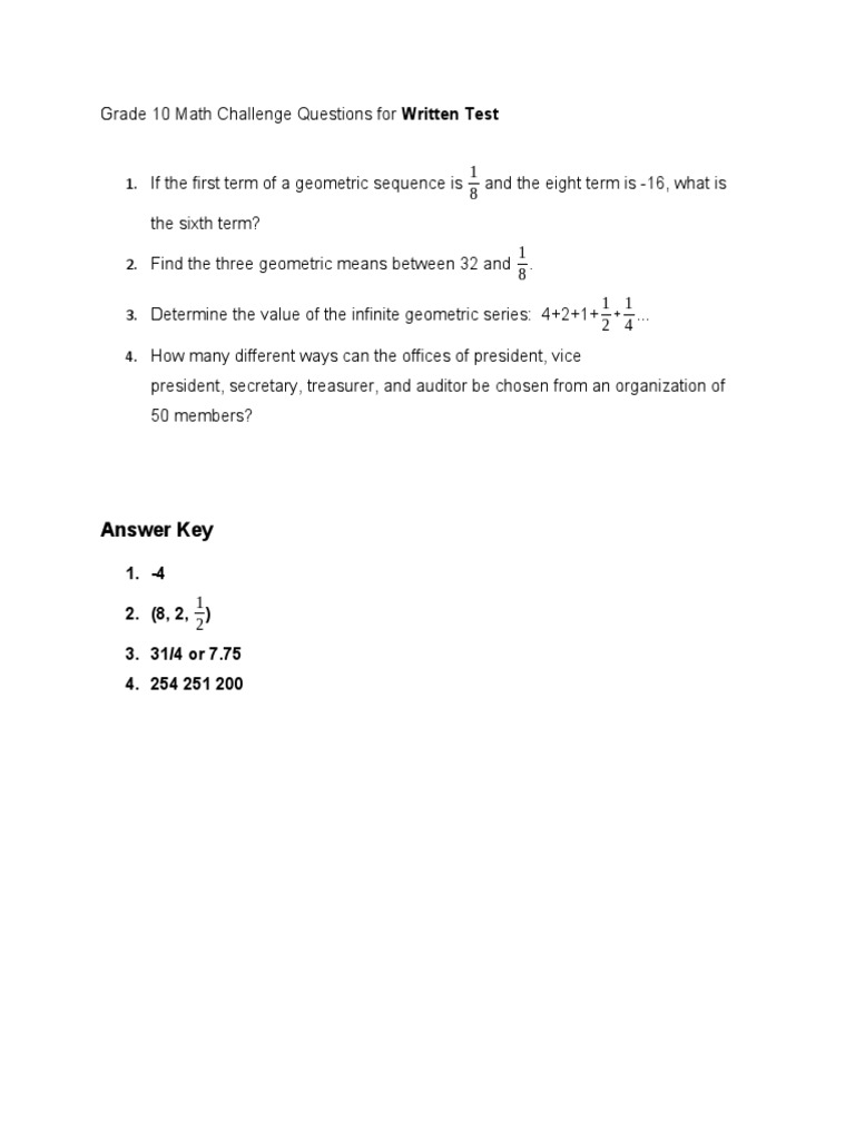 Grade 10 Math Challenge Questions | PDF