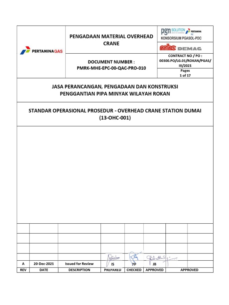 PMRK-MHE-EPC-00-QAC-PRO-010 - SOP Penggunaan Overhead Crane Dumai 3t | PDF