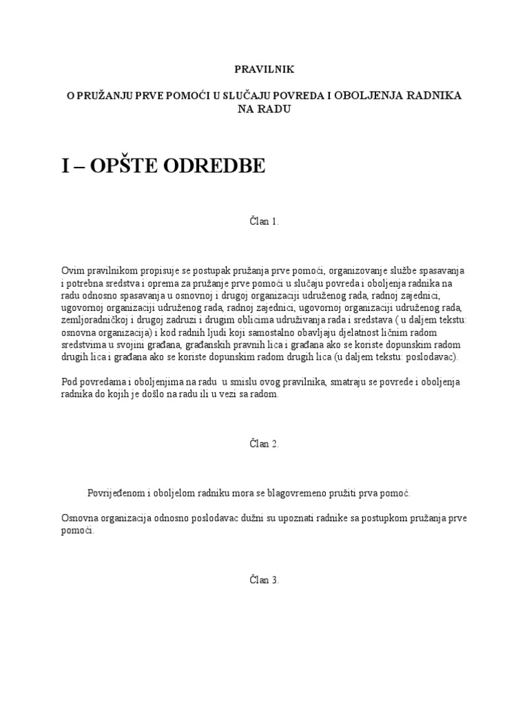 Pravilnik o Pružanju Prve Pomoći U Slučaju Povreda I Oboljenja Radnika ...