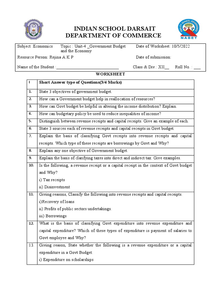 Worksheet - Govt Budget | PDF | Taxes | Government Budget Balance