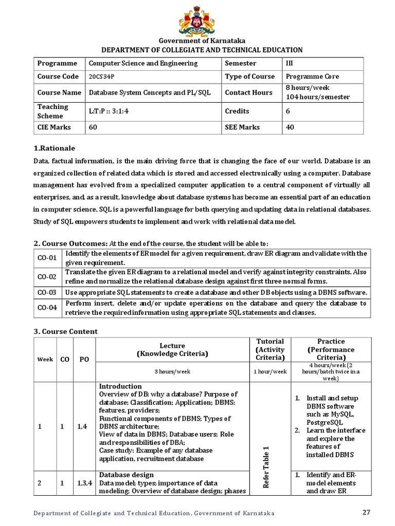 DBMS Course Syllabus and Outcomes | PDF | Databases | Relational Database