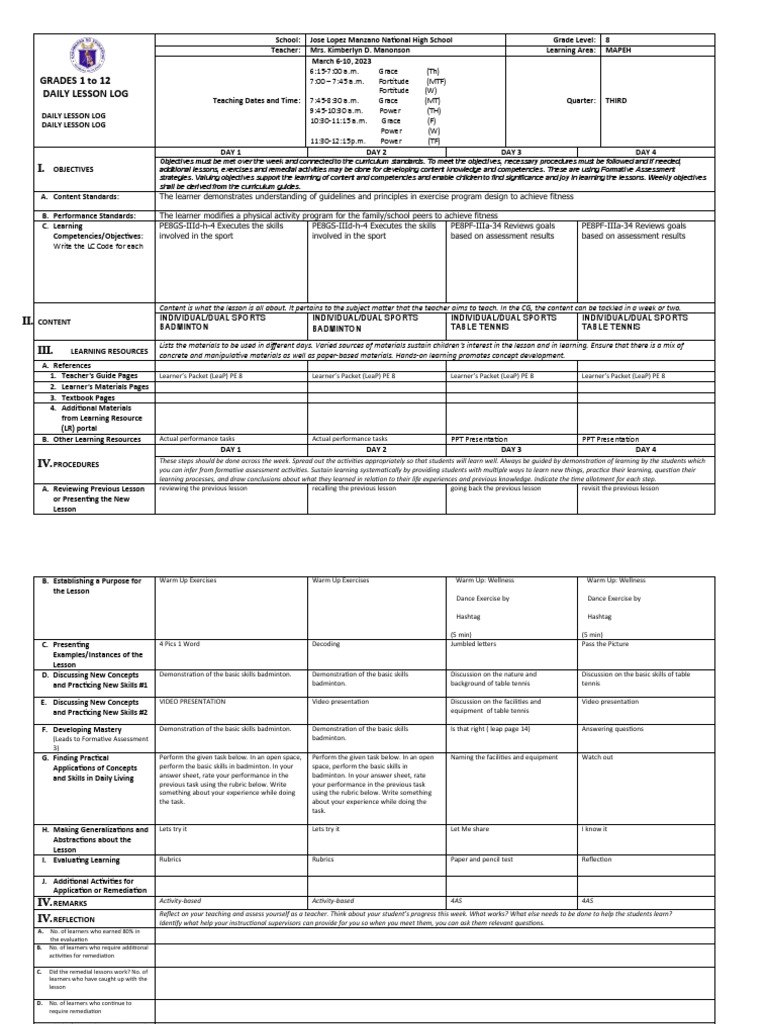 MAPEH Daily Lesson Log for Grade 8 | PDF