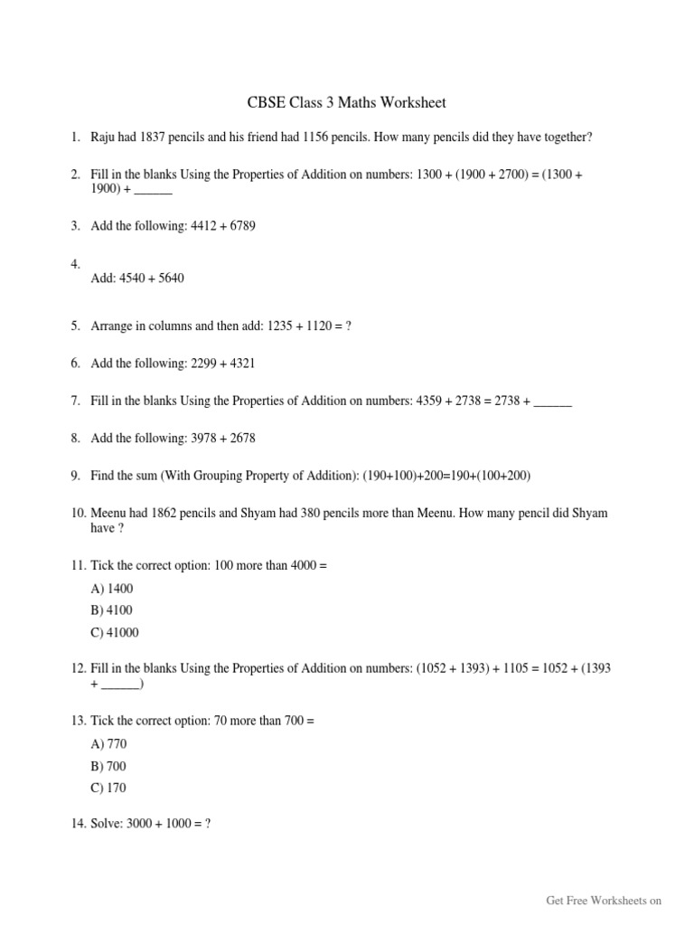 Class 3 Maths Worksheets and Answers | PDF