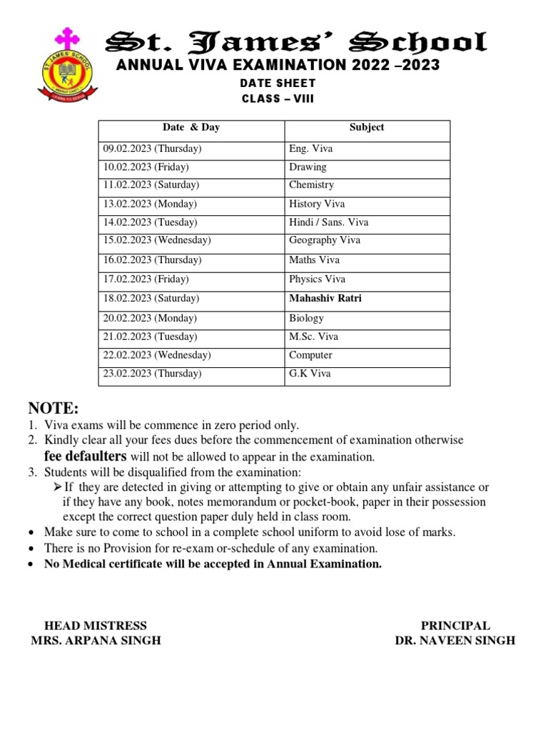 Annual Viva Examination 2022 2023 Date Sheet Class Viii Date & Day Subject PDF