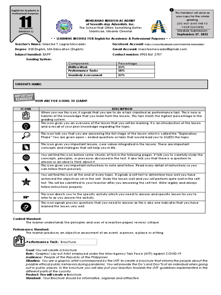 EAPP 1st Quarter Learning Module | PDF | Essays | Critical Thinking