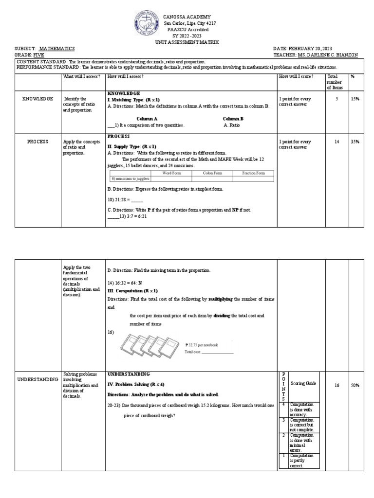 Grade 5 Matrix | PDF | Ratio | Learning