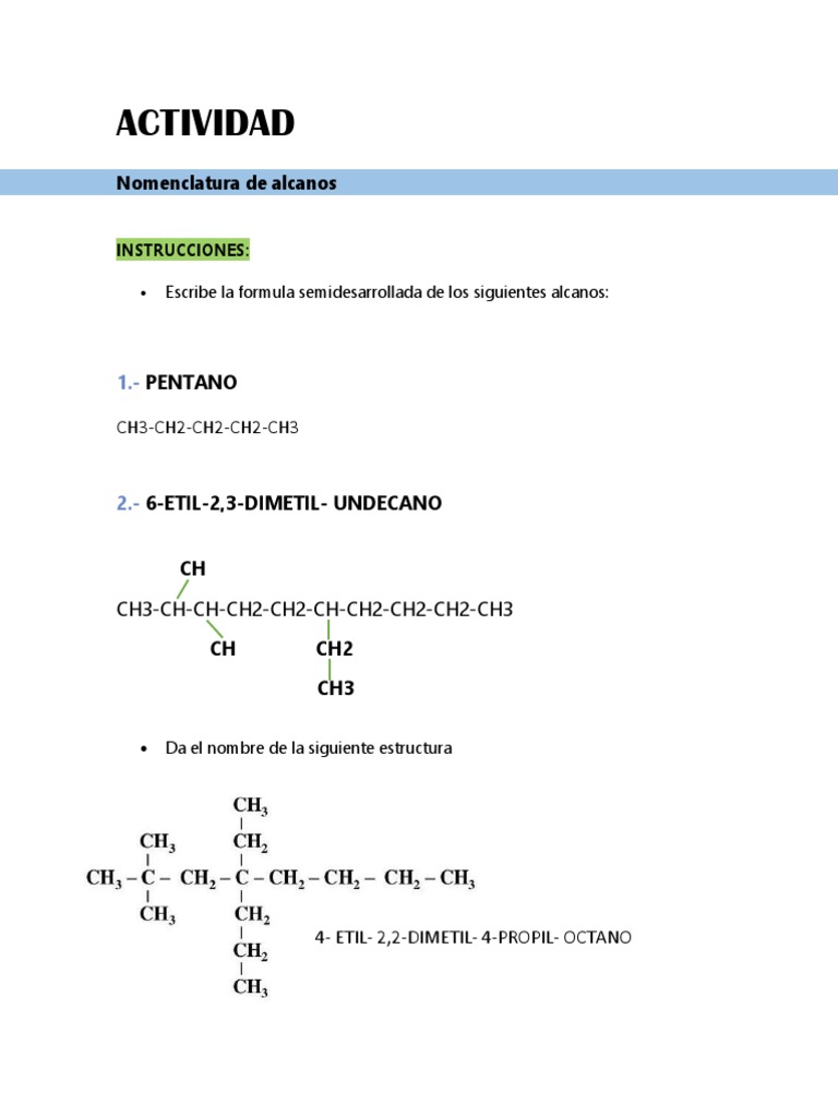 Nomenclatura de Alcanos y Ejercicios | PDF