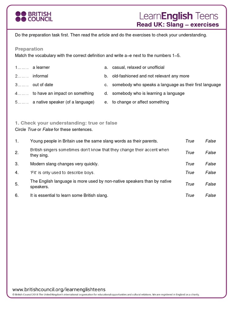 Slang Exercises 1 PDF Vocabulary Slang