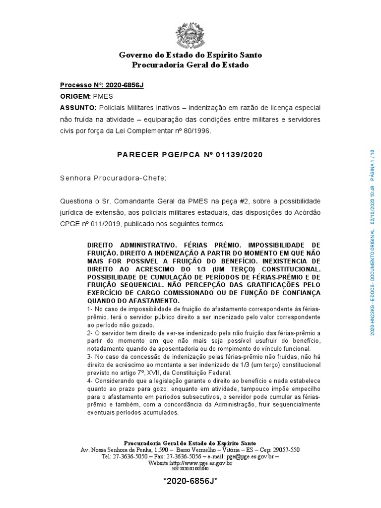 PARECER PGE-PCA #01139-2020 PM - ES - Direito - de - Indenização - Por ...