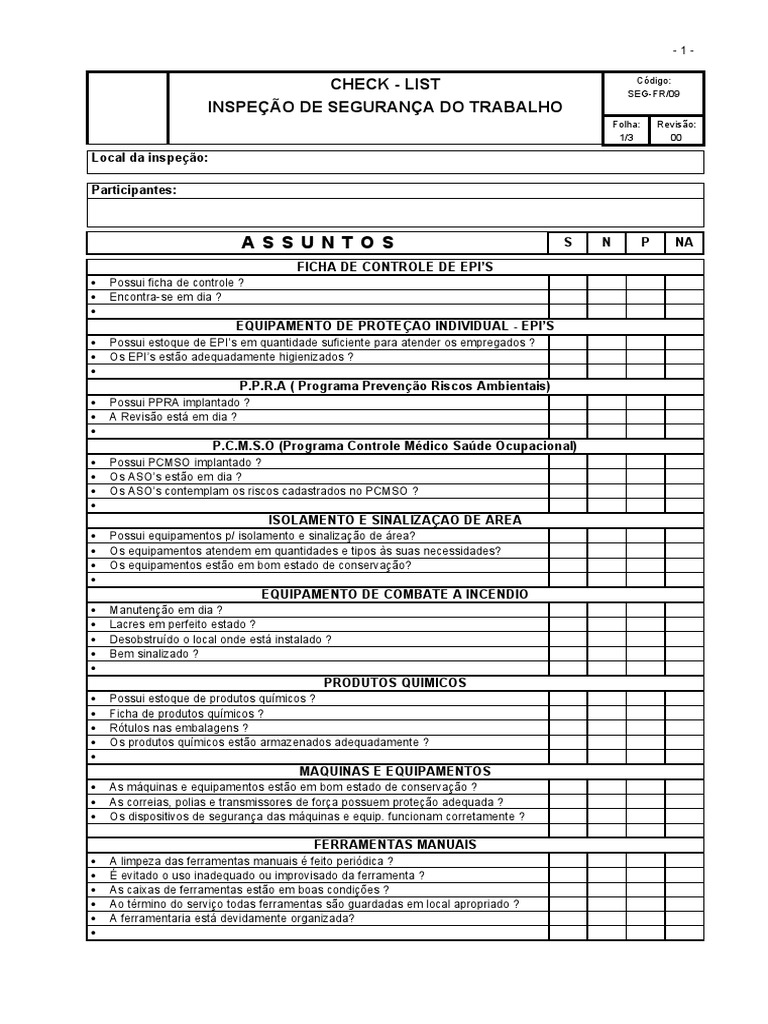 Checklist de Inspeção de Segurança do Trabalho | PDF