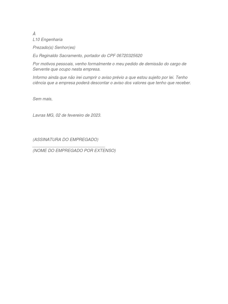 Modelo de Carta de Pedido de Demissão (Próprio Punho) Reginaldo PDF PDF