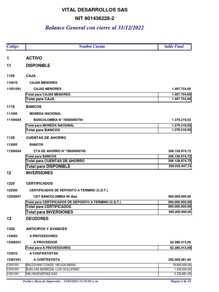 Balance General Vital Desarrollos 2022 | PDF | Relaciones laborales ...