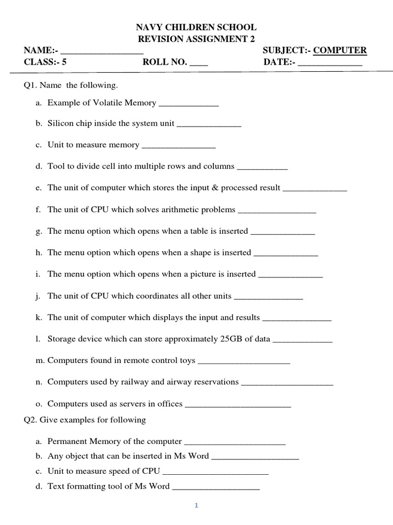 Class 5 Computer Revision Assignment | PDF