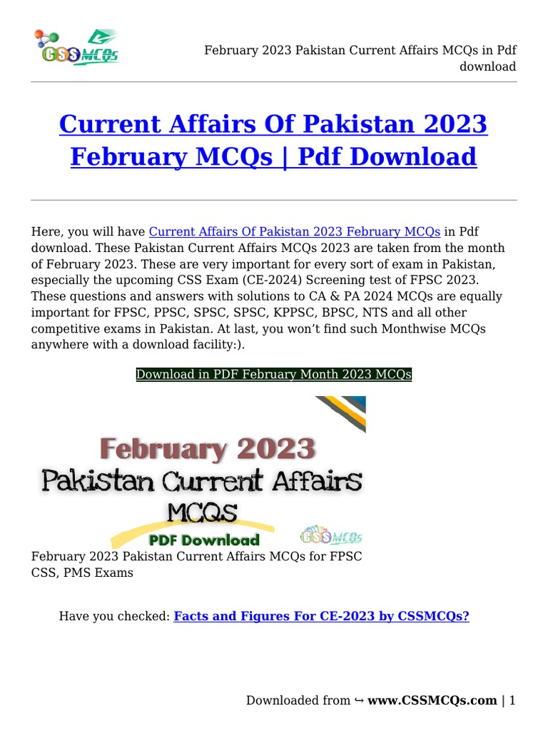 February 2023 Pakistan Current Affairs MCQs in PDF Download | PDF ...