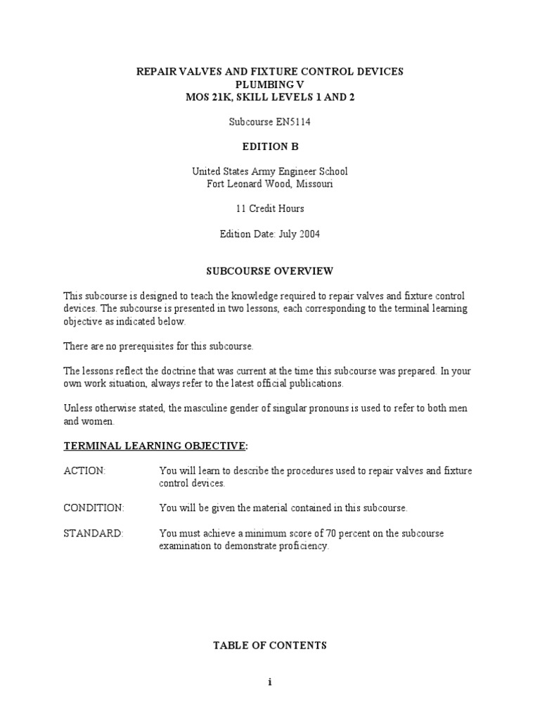 U.S. Army Engineer Course Plumbing V Repair Valve and PDF Valve Tap (Valve)
