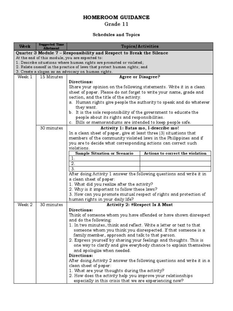 Homeroom Guidance Third Quarter Activities Pdf Optimism
