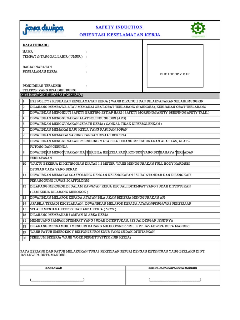 Formulir Induksi Keselamatan Kerja | PDF