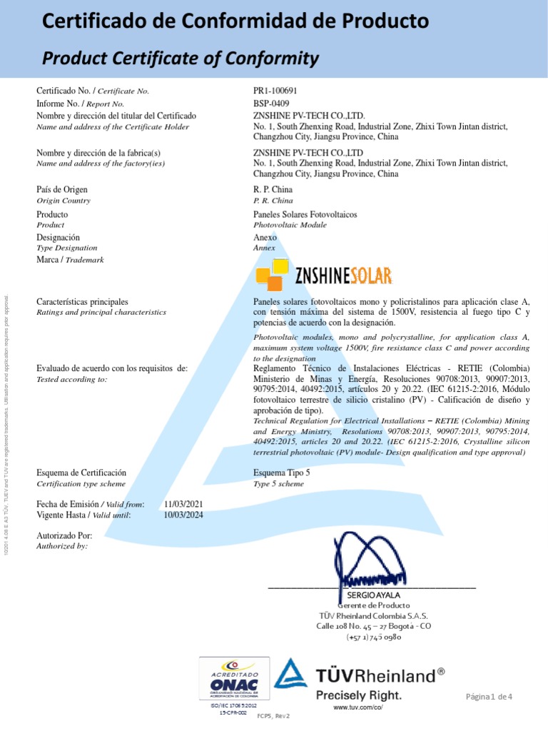 Certificado - Paneles - Retie | PDF | Formas de energia | Química